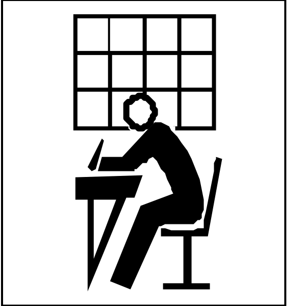 The black and white icon depicts a person sitting at an office desk with their head down on top of it, suggesting exhaustion or deep thought; above them is another figure that appears to be working diligently in front of papers pinned up against a wall-mounted board labeled "calendar."