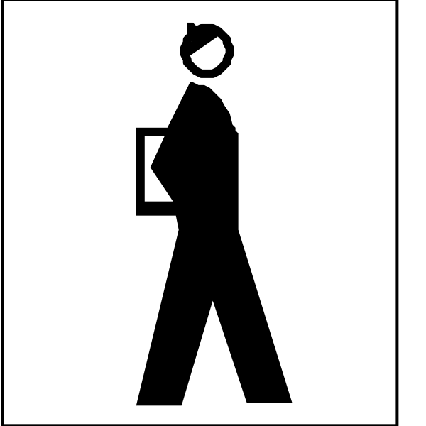 The image shows a black silhouette of an adult male figure walking towards what appears to be a restroom sign with symbols for men's facilities on it.