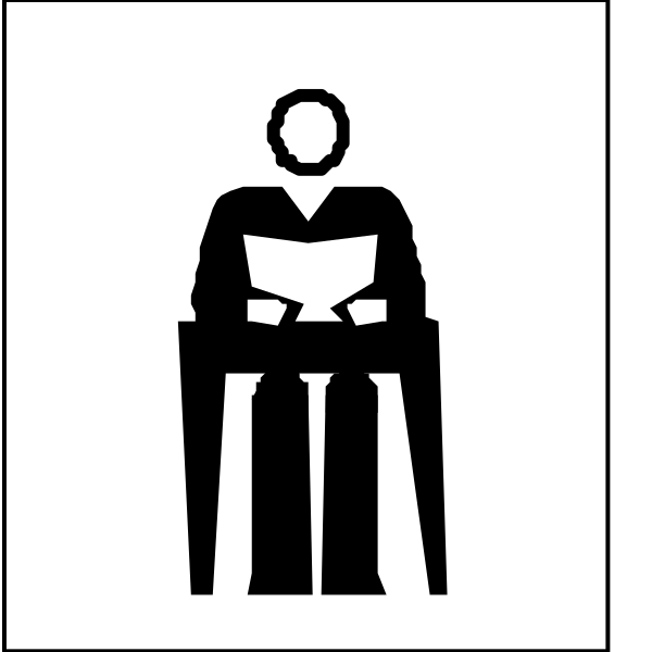 The black and white icon shows a person sitting on an object that resembles a chair with their hands clasped together in front of them as if praying or meditating.