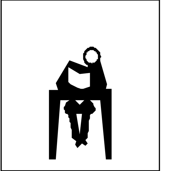 The black and white icon shows a person sitting at a desk with an open book on it next to them; above this scene is another image of someone standing in front of what appears to be a podium holding papers, suggesting that these two images might represent different states or actions within one context (e.g., studying vs presenting).