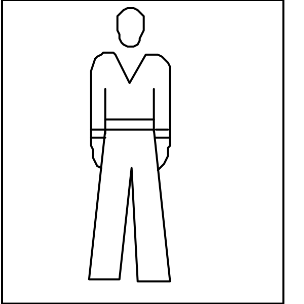 The image shows a black and white line drawing of two stick figures: on top is an adult figure standing upright with arms at sides; below it appears to be another smaller figure in profile facing leftward, also depicted as wearing pants but without any other distinguishing features or accessories visible within the frame provided.