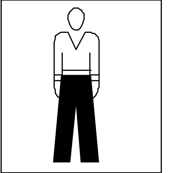 The image shows a black and white icon of two figures: on top, there is an outline drawing of a person standing with their arms crossed; below that figure, another silhouette depicts someone sitting down in front of them.
