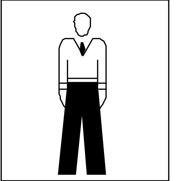 The image shows a black and white icon of two men standing side by side against different backgrounds: on top is an older man with gray hair wearing glasses; below him is a younger man in dark pants looking upwards, both depicted as stick figures without facial features or clothing details beyond their attire.