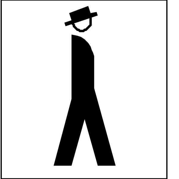 The image shows a black silhouette of an adult male figure walking to his right with no visible head; there is also another smaller icon depicting a man in a hat standing next to him on what appears to be a pedestrian crossing sign, suggesting that this could represent crosswalk regulations or directions.