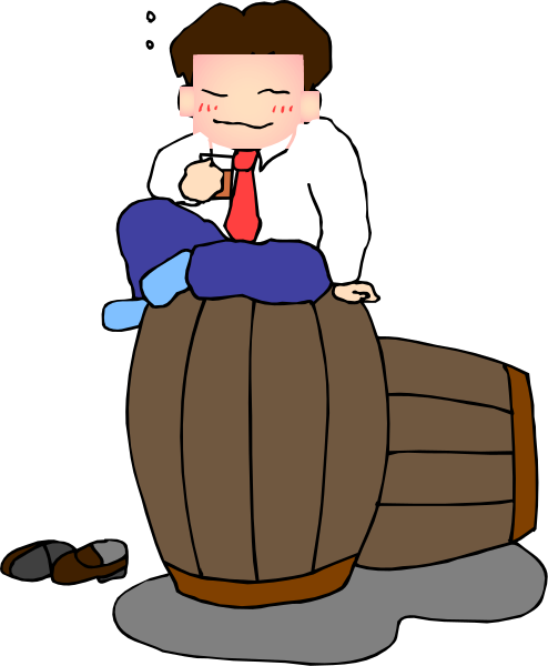 The cartoon shows a man sitting on top of an old barrel with his legs crossed over it while holding what appears to be a beer bottle in one hand. He is wearing glasses and has short hair.
