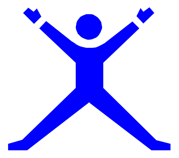 The image shows a blue icon of an abstract human figure with outstretched arms celebrating against a white background.