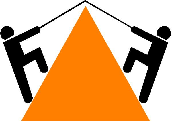 The image shows a simple graphic with an orange triangle on top of two black triangles against a white background.