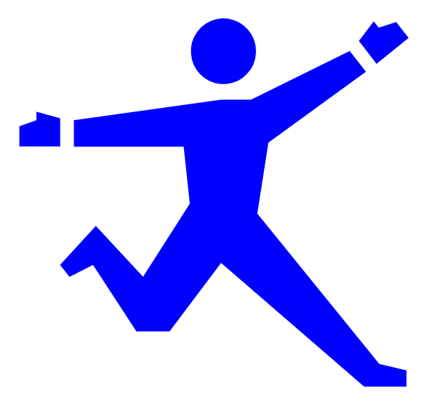 The image shows a blue silhouette of an animated person running with their arms outstretched to either side as if in motion, set against a white background.
