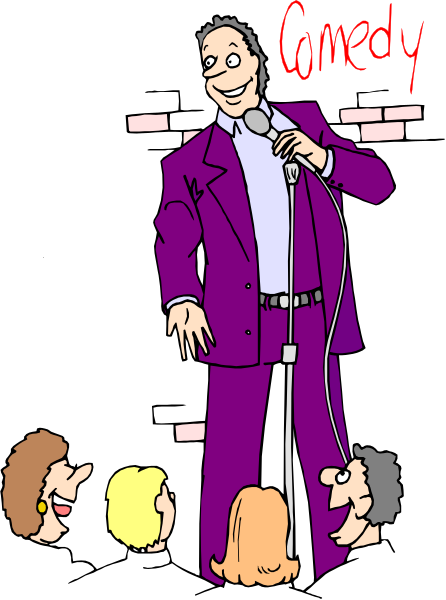 The cartoon shows a man standing on stage with microphone holding two dogs at his feet while performing comedy to an audience of three other characters who appear surprised by something he is saying.