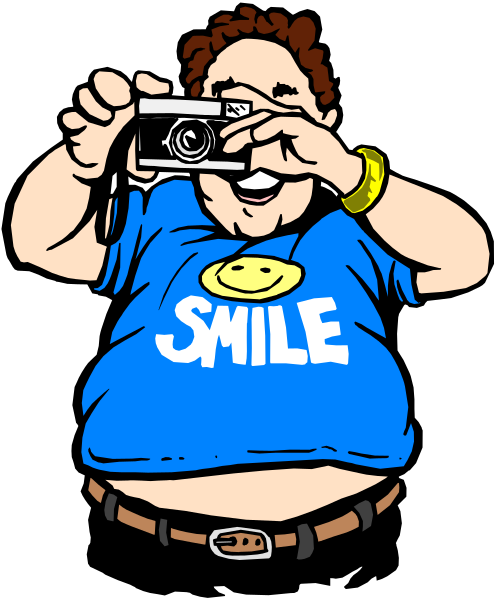 The cartoon shows a man taking selfie with his camera while wearing blue t-shirt that says "smile" on it; he is standing in front of black background.