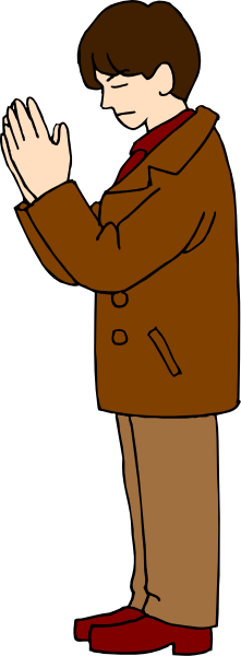 The image shows a cartoon of an adult male figure standing with hands clasped together as if praying against a plain background that has been altered to include this character in front of it.
