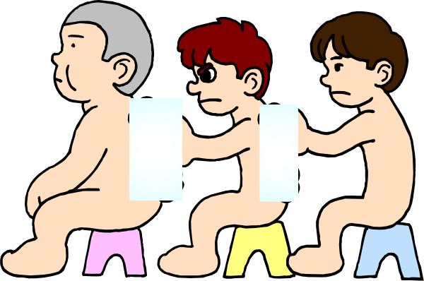 The cartoon shows three figures sitting on a bench with their backs to each other; two of them have red hair while the third has brown hair. They appear to be in an indoor environment as suggested by the presence of what looks like curtains behind and around them, which is typical for stage performances or theater settings.