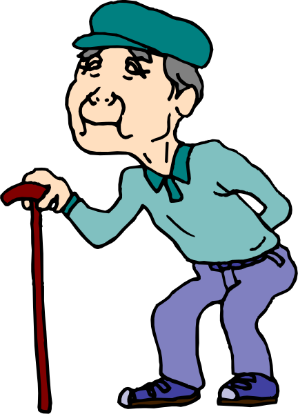 The cartoon shows an elderly man leaning forward with his hands on knees; he is wearing a blue cap, green jacket over white shirt, purple pants, red tie, black shoes, glasses, and has gray hair.