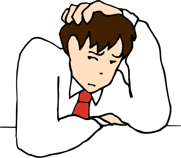 The cartoon shows a man with his hand on his head while sitting at an office desk; he is wearing a red tie under a white shirt.