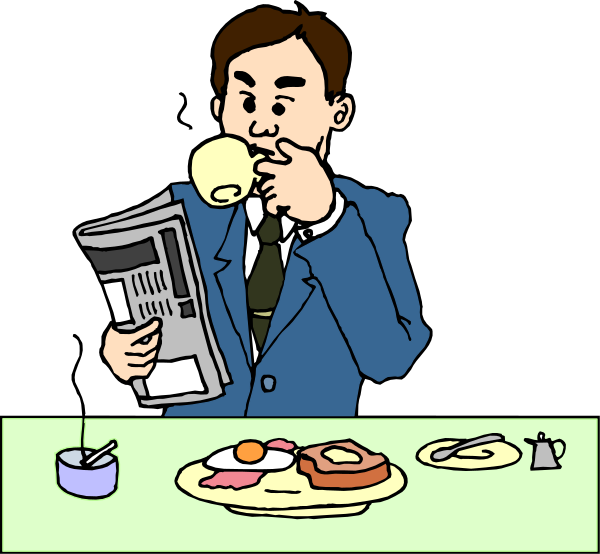 The cartoon shows a man sitting at a table with breakfast food items like eggs on plates next to him; he is holding up his cup of coffee as if reading it while looking downward towards something off-screen, and there's an open newspaper in front of him.