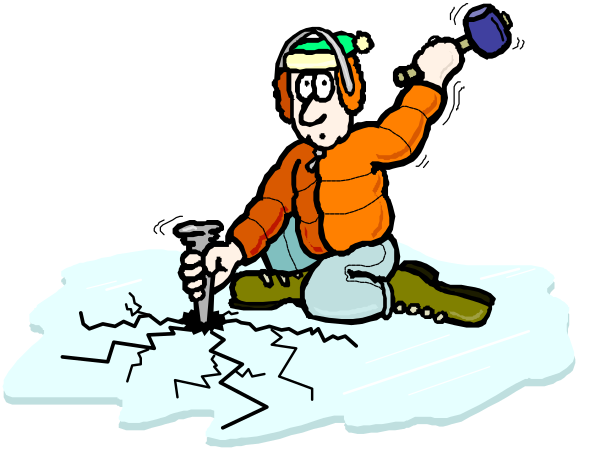 The cartoon shows a person skiing on broken ice with cracks spreading outward from their feet; there is no text present in this image.