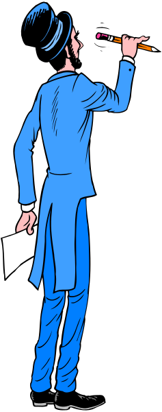 The image shows a man standing against a black background with his back to us; he is wearing blue clothing and holding what appears to be an instrument in one hand while looking upwards towards something out of frame.