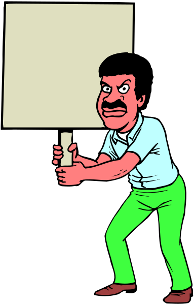 The cartoon shows a man standing with his arms outstretched against an open door frame of what appears to be a house interior; he is wearing green pants and has dark hair.