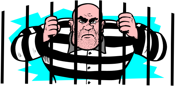 The image shows a cartoon of an individual dressed as a convict with their hands out through bars, standing behind them in front of what appears to be prison cell walls that have been altered for artistic effect; there is no text present within this clip-art style illustration.