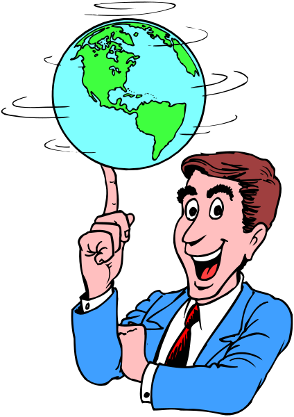 The cartoon shows a man holding up an illustration of Earth with his right hand while pointing to it with his left index finger.