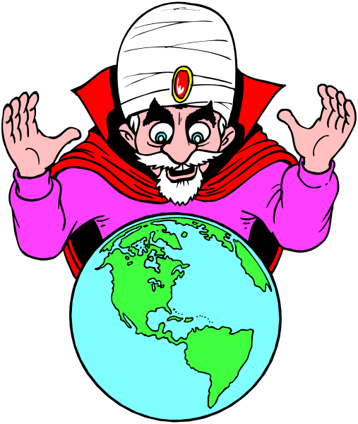 The illustration features a cartoon character with an exaggerated expression of surprise or shock, wearing glasses and holding up his hands in disbelief as he looks at a globe that is labeled "Earth" on it; above him floats another figure resembling Santa Claus but dressed like the Dalai Lama.