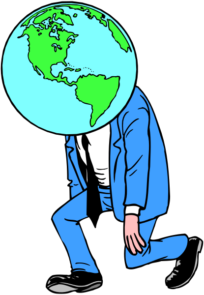 The cartoon depicts a person with an exaggeratedly large head resembling Earth wearing glasses kneeling down next to another figure that appears humanoid but is actually just a suitcase on its side in front of them, both set against a black background.