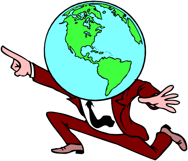 The cartoon depicts a man with his arms outstretched as if he's running towards an exaggeratedly large globe that is floating in mid-air above him.