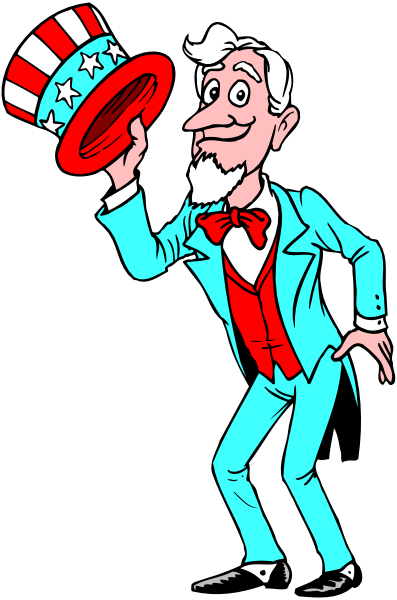 The cartoon depicts a caricature of Abraham Lincoln holding up his top hat with an exaggerated smile on his face while standing in front of a flag that resembles the American flag.