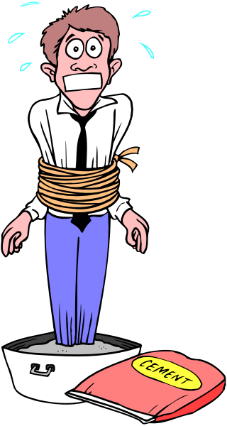 The cartoon shows a man with his hands tied behind him standing on top of an open suitcase; he appears to be in distress as indicated by sweat drops above his head and wide eyes looking upwards towards something out of frame, possibly indicating fear or surprise at being trapped inside it.