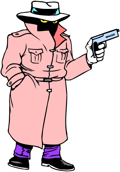 The image shows a cartoon of an animated character dressed as Sherlock Holmes holding a gun while standing against a dark background with his arms crossed in front of him.