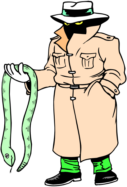 The image shows a cartoon of an animated character dressed as Sherlock Holmes holding a snake by its tail while standing against a black background with white borders.