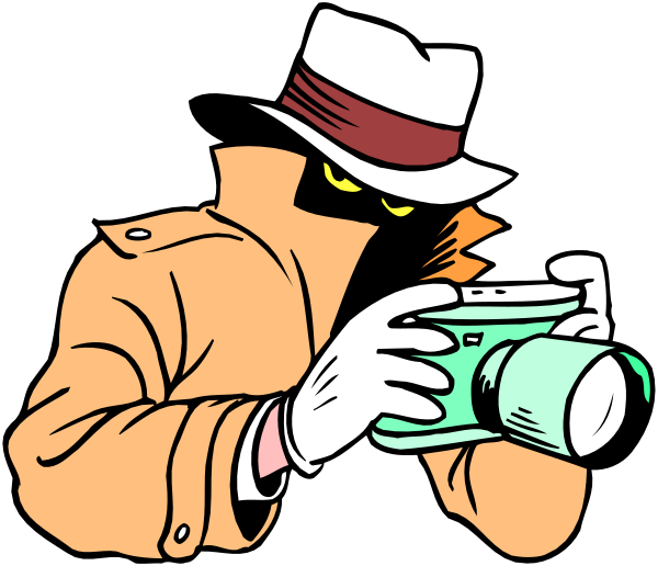 The cartoon depicts a detective holding up his magnifying glass to examine something closely while standing next to an object that resembles a camera with film in it.