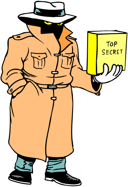 The image features a cartoon character dressed as James Bond holding an open book with "TOP SECRET" written on it in bold letters while standing against a dark background.
