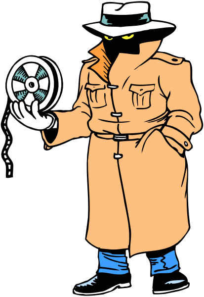 The image features a cartoon character dressed as Sherlock Holmes holding an old film reel with his left hand while standing in front of him on what appears to be a dark background.