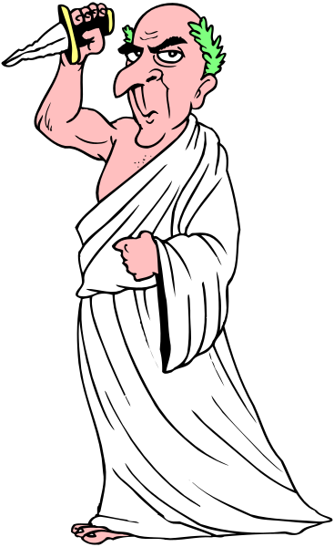 The cartoon shows a man with green hair holding two knives behind his back while standing on what appears to be an island in front of him; he is wearing white robes and has a beard.