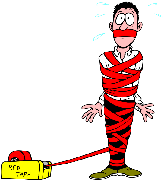 The cartoon shows a man tied up with red tape to an object that says "Red Tape," which is connected by another piece of red tape to what appears to be a roll of duct tape labeled "Duct Tape."