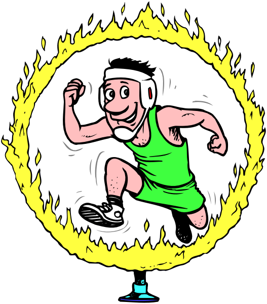 The image shows a cartoon of an athlete running inside a circle with flames around it; there is also text that reads "Wrestling" at the bottom right corner.