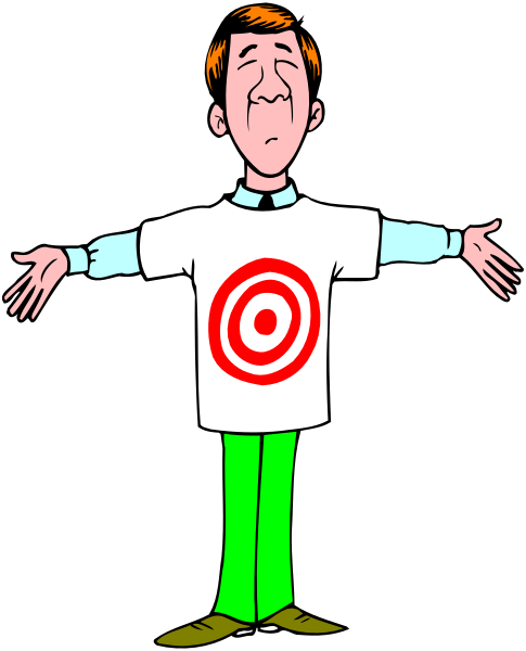The cartoon shows a man standing with his arms outstretched against a black background; he is wearing green pants, blue shoes, has red hair, wears glasses on top of his head, holds up two fingers and thumbs in peace signs at each side, and sports an exaggeratedly large white t-shirt that features the word "Target" with a bullseye design.