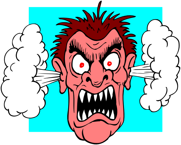 The cartoon shows a man with an exaggeratedly angry expression yelling into two hands that resemble ears of sound waves; he has spiky hair on his head, is wearing glasses, and appears to be in mid-shout against a blue background.