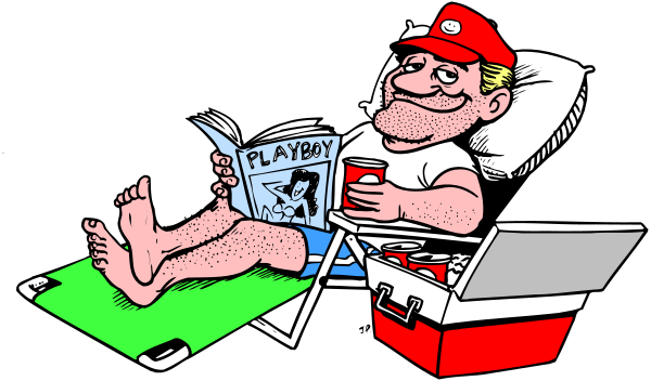 The cartoon shows a man lying on his stomach with no shirt on while reading books that appear to be upside down in front of him; he is wearing shorts and has one foot resting over an open cooler, which contains what looks like beer bottles.