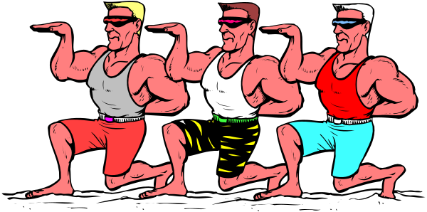 The illustration shows four muscular men with exaggerated features sitting on a couch; each man is wearing different colored swim trunks: red for one in front of two others who wear blue shorts, and yellow-green striped ones for another behind them all. They have matching sunglasses over their eyes, suggesting they are posing as if ready to go out or perform some action together.