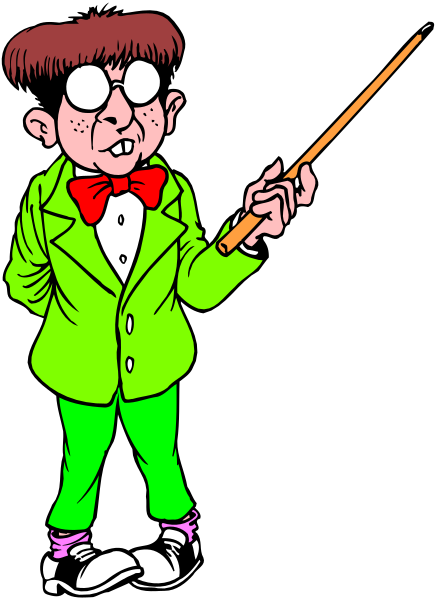 The illustration shows a cartoon character dressed as an old man with glasses holding a cane, wearing green pants and a red bow tie standing in front of black background; he is pointing to his left side while looking upwards towards something not visible within frame.