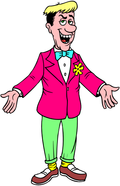 The cartoon shows a man wearing a suit with an exaggeratedly large bow tie standing against a black background; he has blonde hair styled in spikes on top of his head, is smiling broadly at something off-camera to one side and gesturing towards it with both hands raised above shoulder level.
