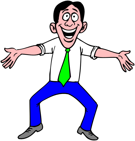 The cartoon shows a man with his arms outstretched to either side of him against two different backgrounds: on left is black; right has blue pants.