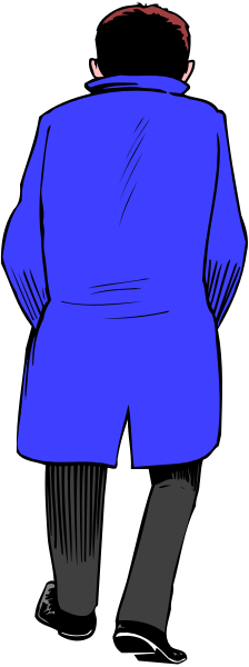The image shows a black and white illustration of an animated character standing against a vertical striped background with their back to us; we can see that this is a person wearing glasses from behind as well as what appears to be a coat, possibly suggesting it's cold outside or they are dressed for winter.