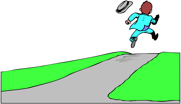 The image shows a cartoon of an animated character running on grass next to pavement with trees behind them under what appears to be nighttime conditions due to dark sky in background.
