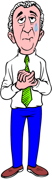 The cartoon shows a man standing inside an enclosed space with his arms crossed over his chest; he is wearing blue jeans, white shirt, green tie, red shoes, has dark hair, glasses on face, and appears to be looking off into distance while holding what looks like papers in hand.