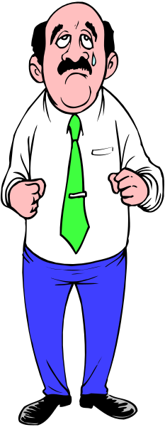 The cartoon shows a man standing with his arms outstretched against a black background; he is wearing glasses, has dark hair, wears blue pants, white shirt, green tie, and appears to be in mid-speech as indicated by an open mouth expression on his face.