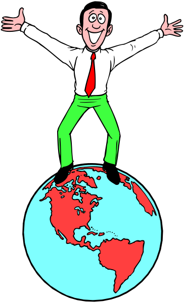 The illustration shows a man standing on top of an upside down globe with his arms outstretched as if celebrating or presenting something to viewers.
