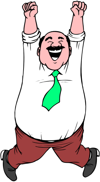 The cartoon shows a man with green hair wearing red pants jumping up joyfully while holding his arms above him; he is smiling broadly as if celebrating something.